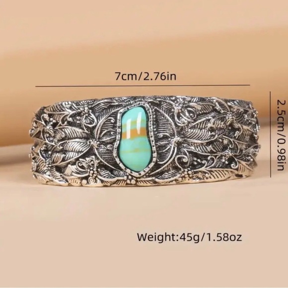 Boho Vintage Style Southwestern Silver-tone Turquoise Stone Bangle Cuff Bracelet - Picture 4 of 7